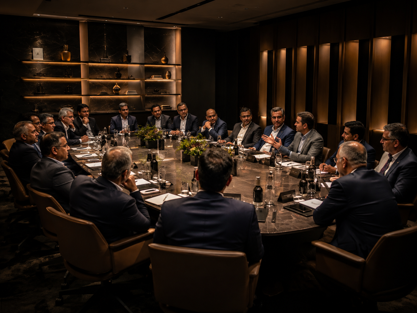 A private dinner table set for twenty, warm candlelight, no people